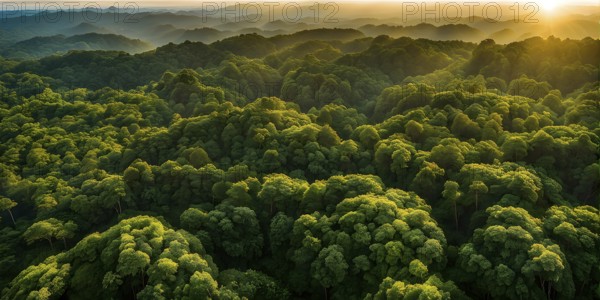 Aerial view of rainforest with beautyful sunrise at the horizon, AI generated