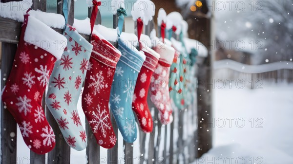 Row of Christmas stockings hanging from a snow-covered wooden fence, with delicate frost patterns