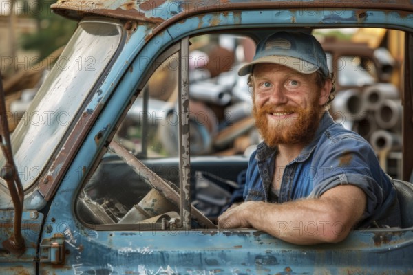 A red-haired man with a full beard, a scrap dealer in work clothes sits behind the wheel of his