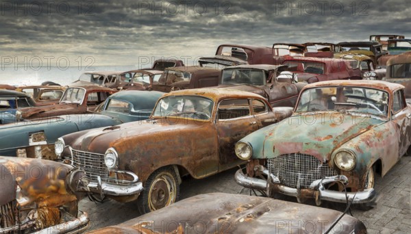 Row of abandoned, rusted cars in a large junkyard under a cloudy sky, symbolic photo, AI generated,