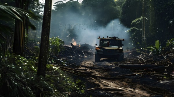 Destructive act of fire clearing within the amazon rainforest, AI generated