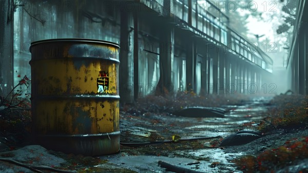 Representation of illegal nuclear waste barrel leaking radioactive material, AI generated