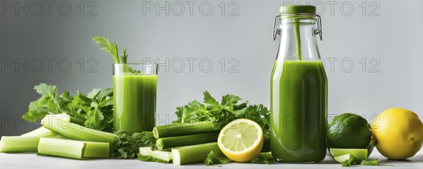 Bottle of vibrant green detox juice surrounded by green fruit and vegetables, AI generated