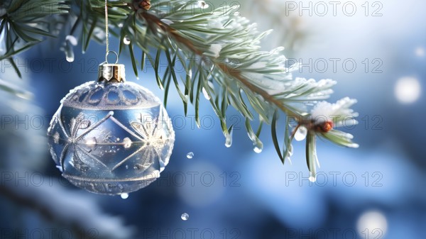 Set of Christmas ornaments hanging on a snow-covered pine tree branch, with frost clinging to the