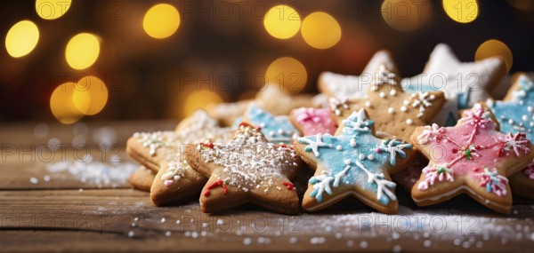 A detailed shot of Christmas cookies on a wooden table, featuring star-shaped cookies with colorful