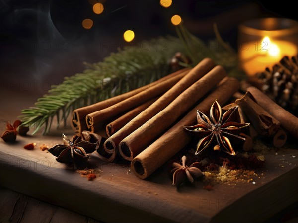 Christmas spices like cinnamon sticks, star anise, and cloves arranged on a wooden table, with soft