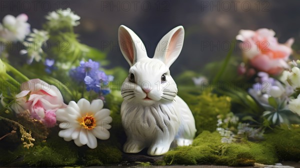 Vintage porcelain rabbit figurine surrounded by small, colorful spring flowers and soft moss, AI