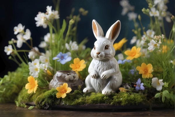 Vintage porcelain rabbit figurine surrounded by small, colorful spring flowers and soft moss, AI