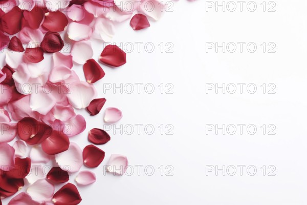 Red and ping rose petal flowers on white background with copy space. KI generiert, generiert AI