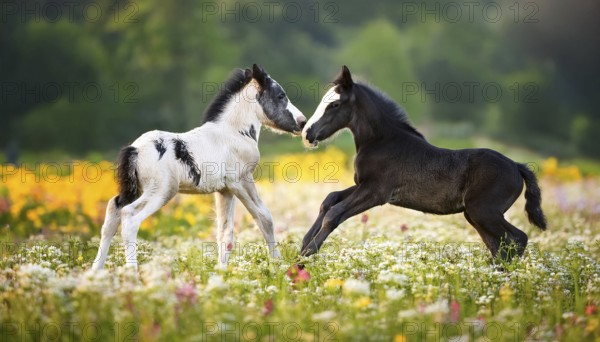 AI generated, Two young colourful foals playing on a flower meadow, Studio, AI generated