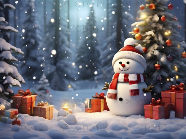 Peaceful and serene Christmas scene with a decorated Christmas tree with gifts presents and a cute