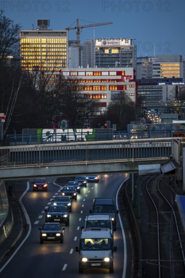 The skyline of Essen city centre, A40 motorway, Ruhr Expressway, North Rhine-Westphalia, Germany,