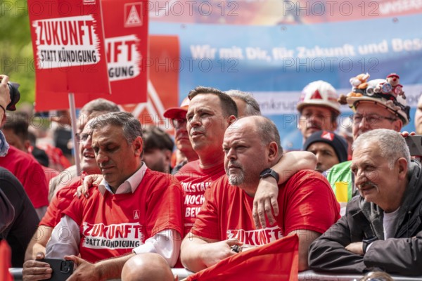 Demonstration by many thousands of steelworkers in front of the ThyssenKrupp headquarters in Essen