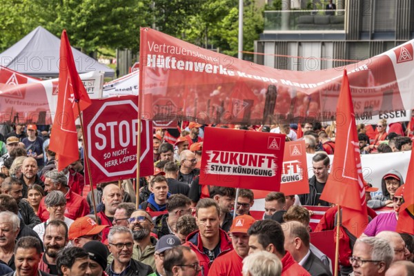 Demonstration by many thousands of steelworkers in front of the ThyssenKrupp headquarters in Essen