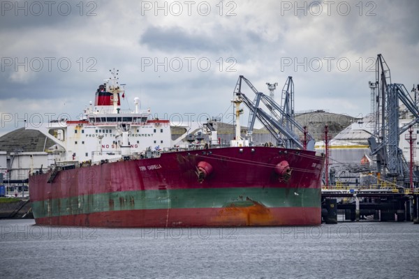 Large tanker for crude oil, Torm Gabriella, being unloaded, in the Petroleumhaven, seaport of