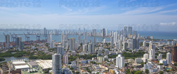 Scenic view of Cartagena cityscape, modern skyline, hotels and ocean bays Bocagrande and Bocachica