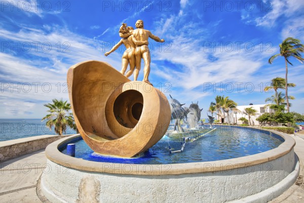 Mazatlan, Mexico-10 December, 2018: Dolphin Statue located on scenic Mazatlan Promenade (Malecon)