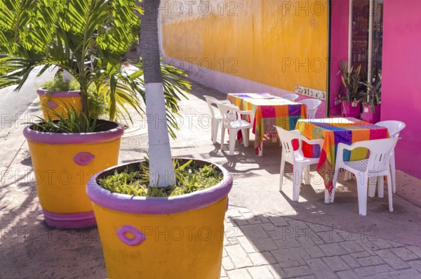 Cozumel near Cancun, Mexico, colorful houses and colonial center and tourism shopping district,