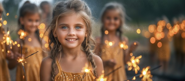 Cute children celebrating with fun sparklers. generative AI, AI generated