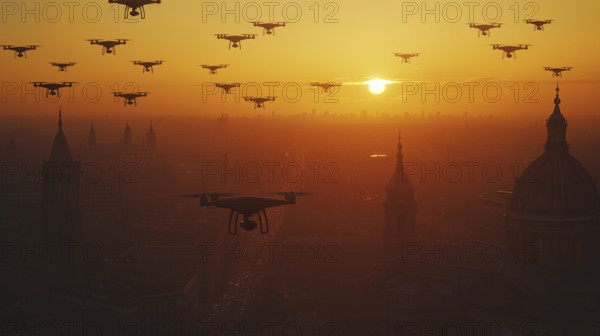 Swarm of UAV unmanned aircraft drones flying near the United States capitol at sunset, AI generated