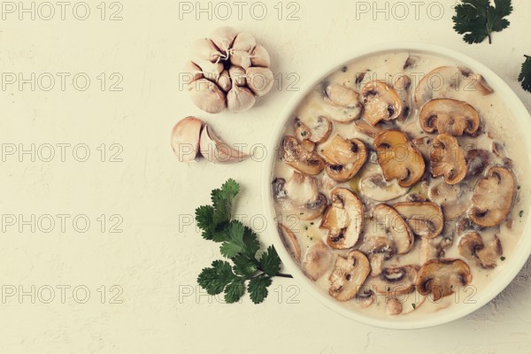 Champignons in creamy garlic sauce, with herbs and spices, gravy, sauce, no people