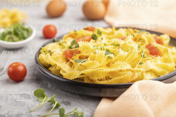 Reginelle semolina pasta with tomato, eggs and microgreen sprouts on a gray concrete background and