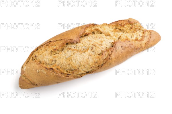 Fresh homemade golden bread with different seeds isolated on white background. side view, close up