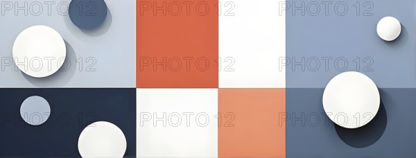 Minimalist composition of overlapping geometric shapes, such as circles, squares, and triangles,