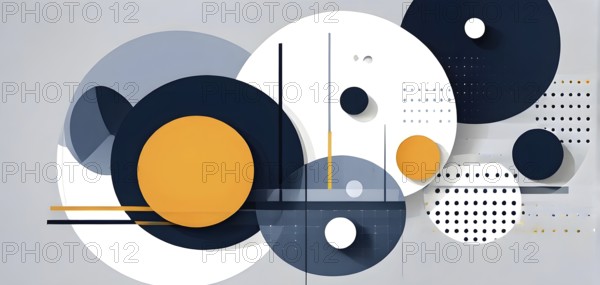Minimalist composition of overlapping geometric shapes, such as circles, squares, and triangles,