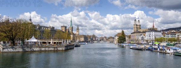 Zurich old town, view of the Limmat and churches, Switzerland, Europe