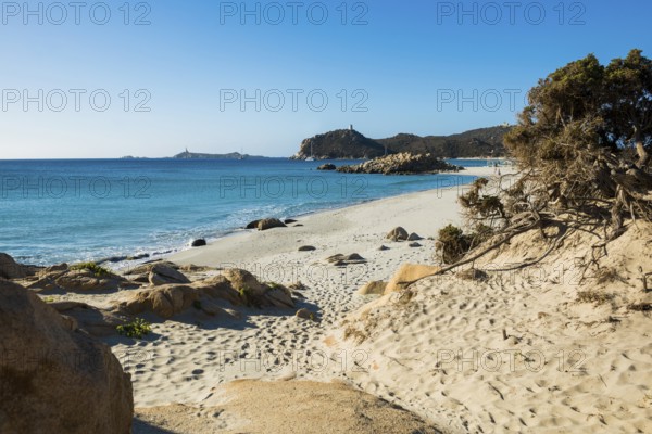 Lonely beach and rocks, Spiaggia di Porto Giunco, Villasimius, south coast, Sardinia, Italy, Europe