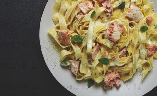 Tagliatelle pasta, in cream sauce with salmon, homemade, no people