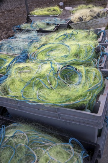 Port Stanley, Ontario Canada - Fishing nets on a dock in Port Stanley harbor.