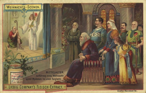 Picture series Christmas scenes, medieval performance of a Christmas play, mystery, at a castle
