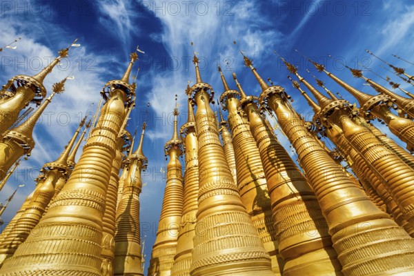 Golden stupas in Shwe Indein Pagoda, Inle lake, Myanmar, Asia