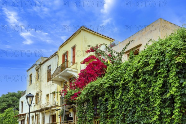 Greece travel destination, colorful streets of Crete island city Chania in historic city center