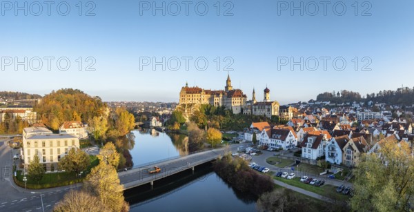 Aerial view, panorama of the town of Sigmaringen with the Hohenzollern castle, a sight and tourist