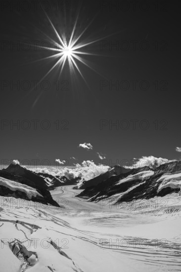 Snow mountains, the Swiss alps, Jungfrau Joch and glacier in black and white landscape.