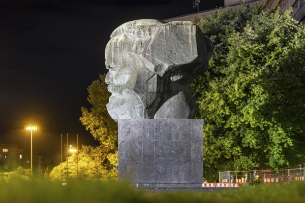 Karl Marx Monument at night. 40 tonne sculpture, the most famous landmark of the city of Chemnitz,