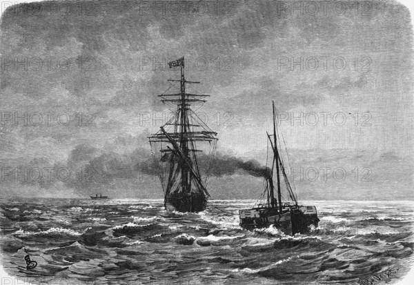 Tugboat in action on the North Sea, tall ship, steamship, strong wind, swell, spray, danger,