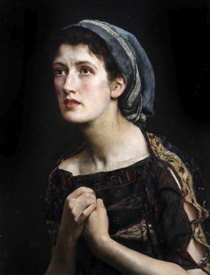 A woman wearing a headscarf holds her hands folded, looking upwards pensively, with a dark