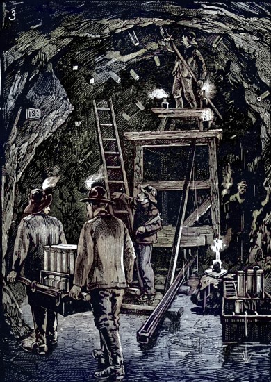 Workers position dynamite cartridges in underground tunnels in preparation for the blasting of