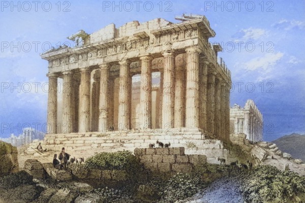 The Parthenon in Athens, Greece, Historical, digitally restored reproduction from a 19th century