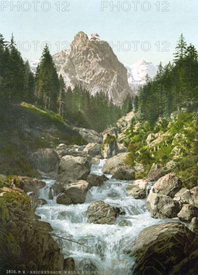 Reichenbach, mit Brunnen und Wetterhorn, Bernese Oberland, Switzerland, Historic, digitally