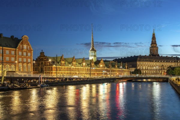 The former Børsen stock exchange on Holmens Canal at dusk, Copenhagen, Denmark, Europe