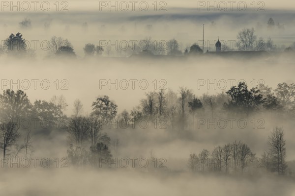 Foggy mood, fog, morning light, backlight, church tower, autumn, Loisach-Lake Kochel moor, view of