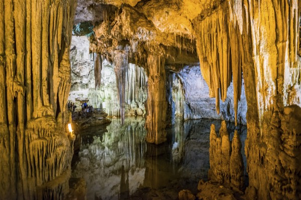 Huge stalactites and underground lake, stalactite cave, Grotta di Nettuno, Neptune Grotto, Capo