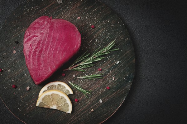 Fresh red tuna fillet, for steak, raw, top view, on a cutting board, no people
