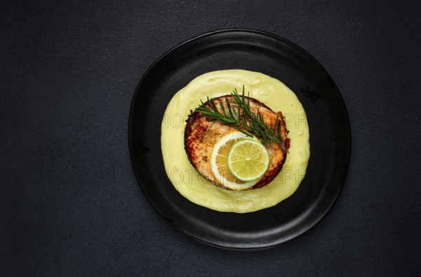 Salmon steak, fried, mashed potatoes, top view, rosemary, lemon and lime, homemade, one serving, no