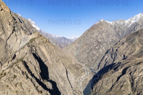 Panj Valley on the Panj River, border river between Tajikistan and Afghanistan, near the village of